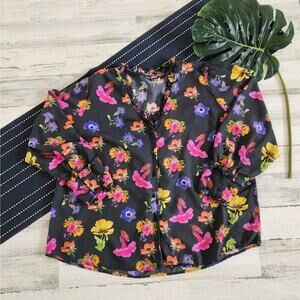 Tolani Collection Long Sleeve Floral Button Front Blouse Ruffle Neck XL